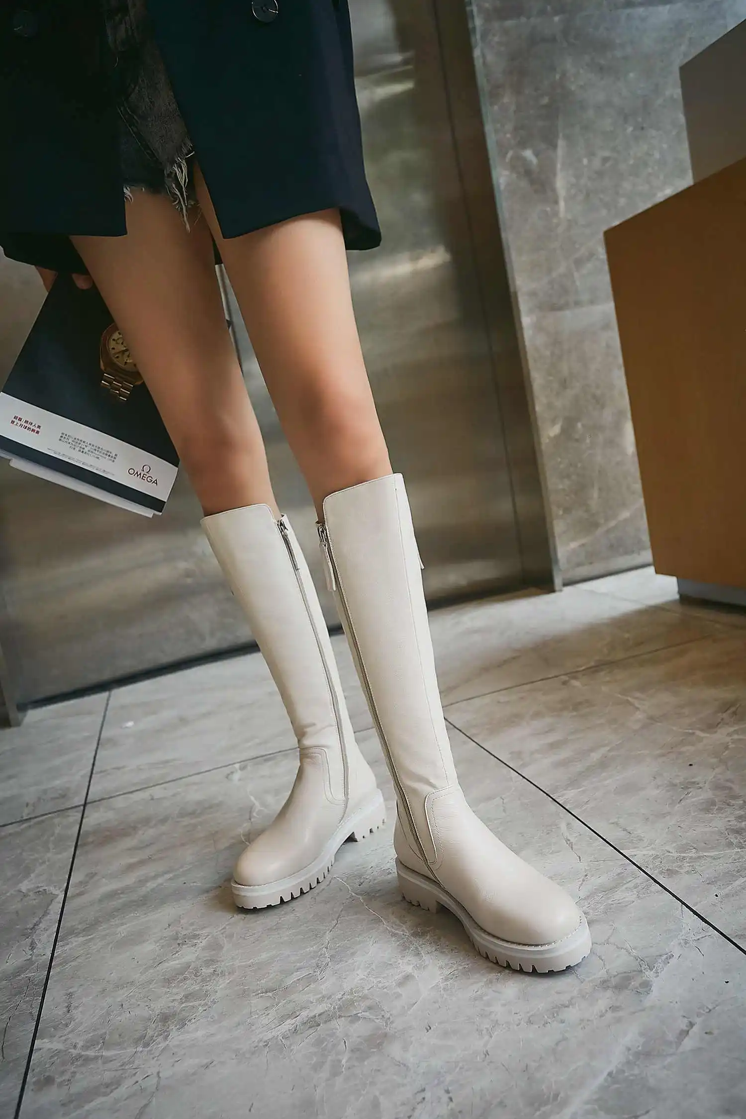 krazing pot winter super keep warm cozy cow leather knight boots round toe med heels solid zipper fashion thigh high boots L5f6