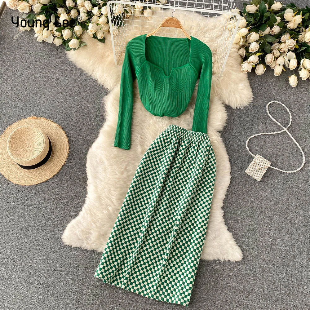 

Женский спортивный костюм Young Gee, зеленый свитер, комплект из двух предметов, трикотажные облегающие топы, модный офисный костюм для женщин, ...