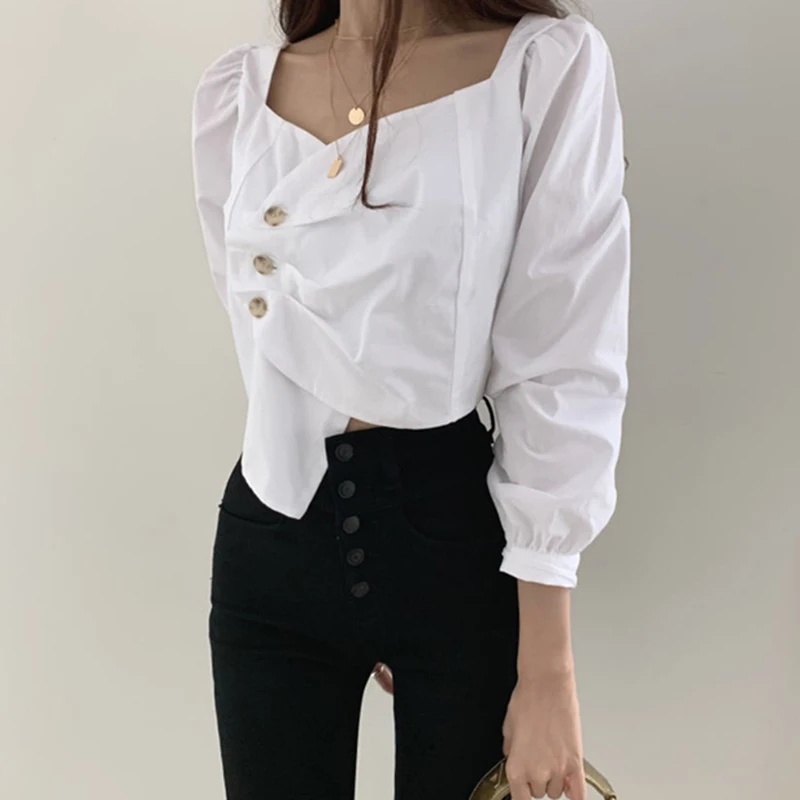 

Chic high waist draped short blouse pleated irregular solid blusas mujer sexy puff sleeve england vintage square collar blouse