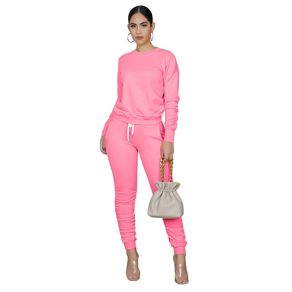 

2020 Autumn Women Suit hoddies pants tracksuit sets Solid Color Long Sleeve Ruched Lace -Up Pant Two Piece sports outfits set