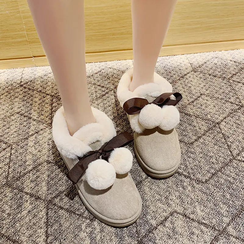 2019 г. новые модные зимние сапоги с помпонами и бантиком женские короткие