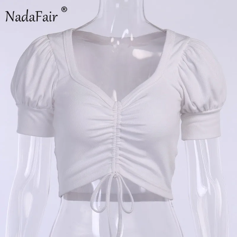 Nadafair String Puff Top White Knitting Short Sleeve Crop Casual Blue Summer Tank Tops Women | Женская одежда