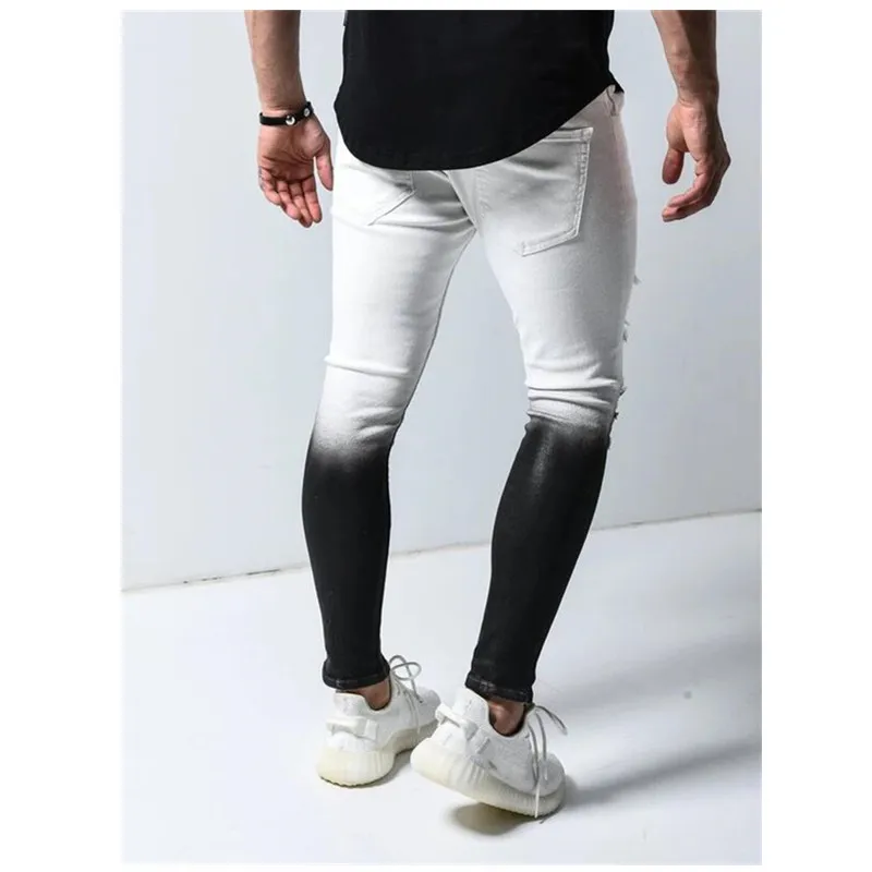 

zipper elastic Men's skinny foot pants gradient jeans slim color jeans ripped elastic skinny jeans gradient color foot zipper pa
