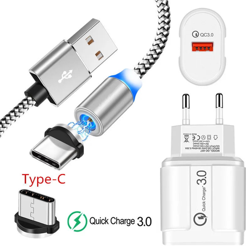 EU charger and cable 1 м Магнитный кабель type C+ QC 3,0 USB быстрое зарядное устройство для телефона для samsung S10 S8 S9 A50 huawei P20 lite P30 honor 10 20 Pro Redmi K20 - Тип штекера: EU charger and cable
