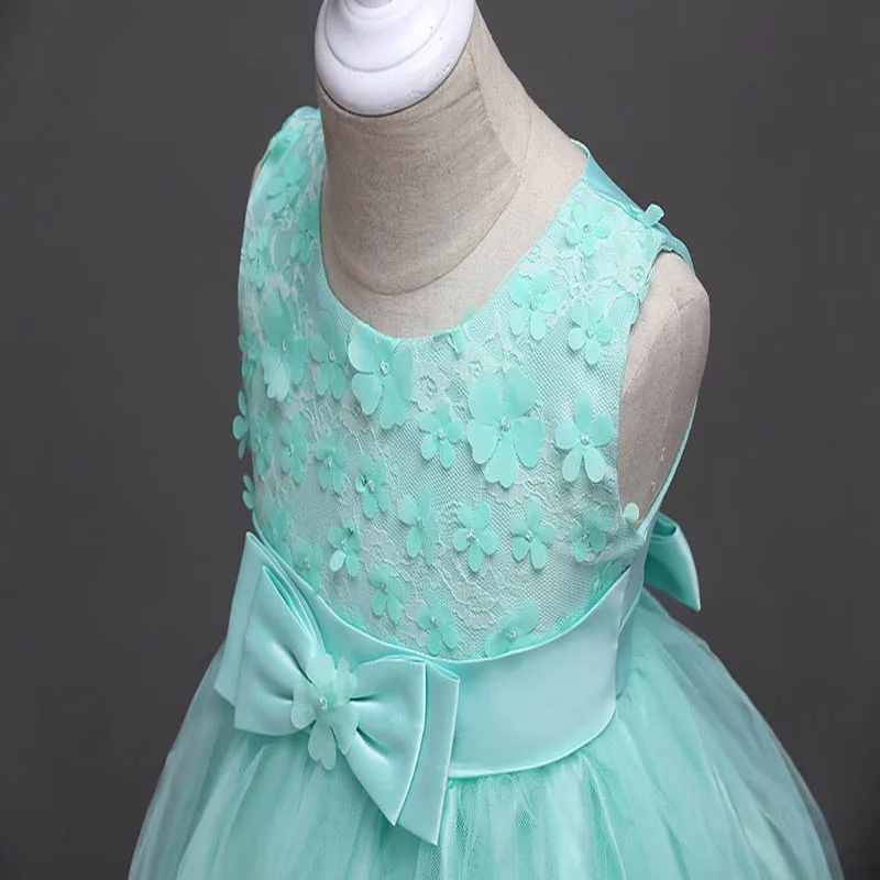 

Flower Girls Dresses Illusion Embroidey Sleeveless Appliques Tulle Lace O-Neck Knee-Length Green Kids Party Princess Gown F179