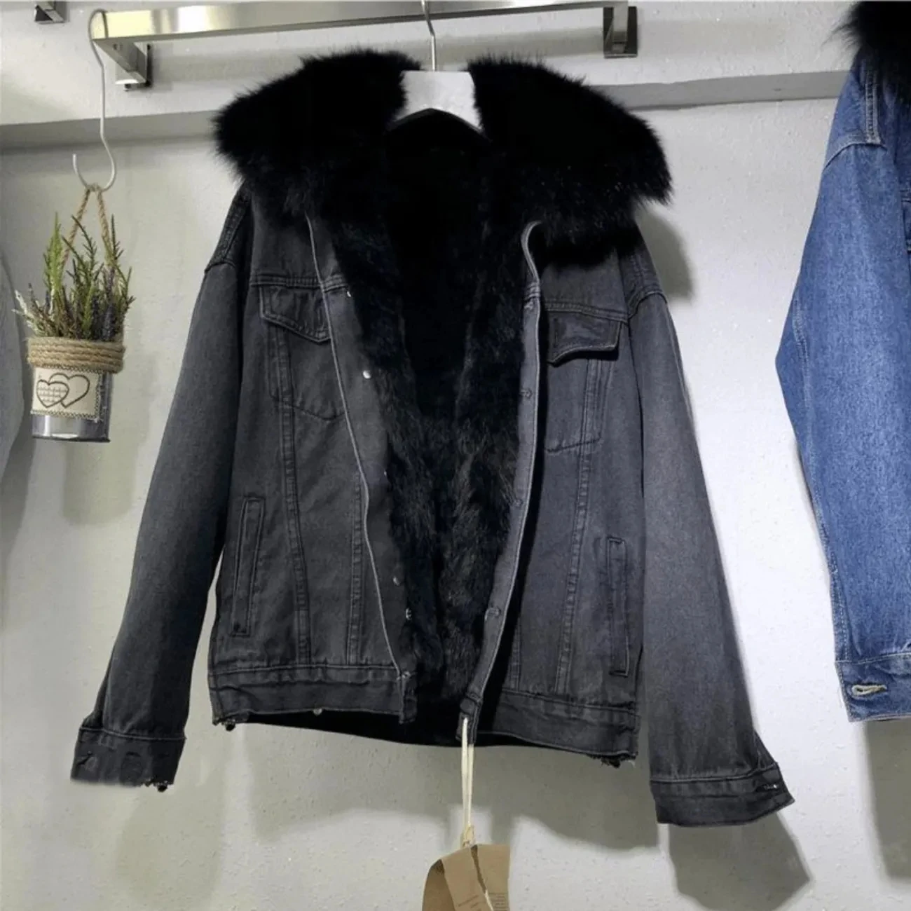 

Loose Velvet Jean Parkas Women Winter New Fox Fur Collar Rabbit Hair Liner Denim Jacket Thick Warm Denim Coat Outwear Female