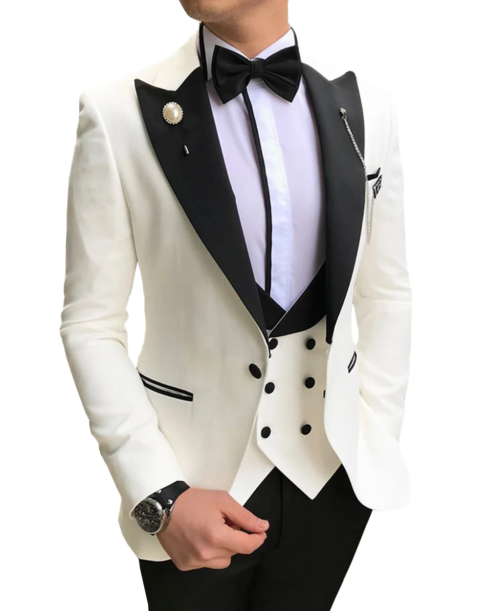 White Mens Suits 3 piece Slim Fit Business Notched Lapel V Neck Tuxedos Groomsmen Men Suits for Wedding  (Jacket+Pants+Vest)