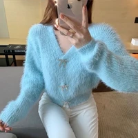 luxury glitter rhinestone bow buttons sweater coat mohair knitted cardigan pearls buckles v neck mink cashmere knitwear fur tops