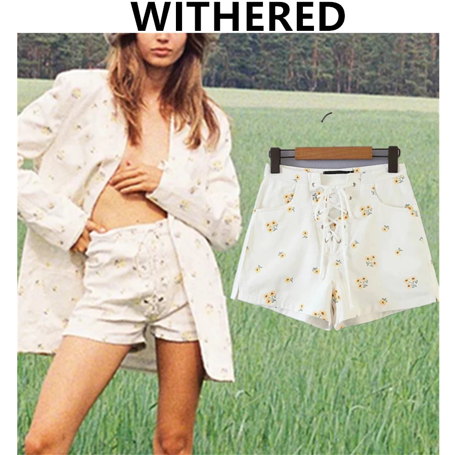 

Шорты Elmsk Женские Короткие повседневные, английский этнический винтажный Бандаж с вышивкой цветами, Саржевые Бермуды