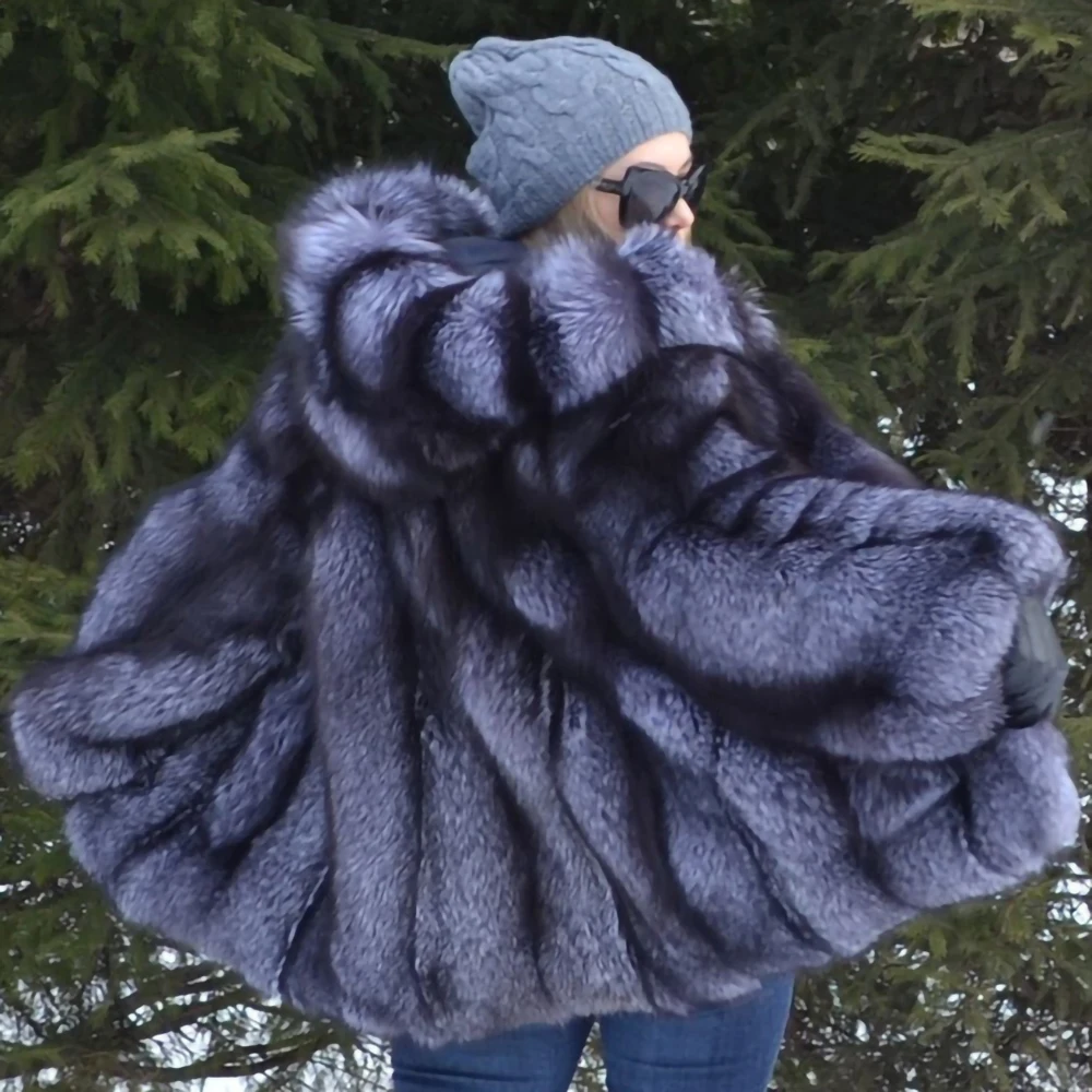 TOPFUR NEW Real Fur Coat Women Luxury  Winter thick Fur Jacket With Fur Hood High Quality Fashion Natural Silver Fox Fur Coat