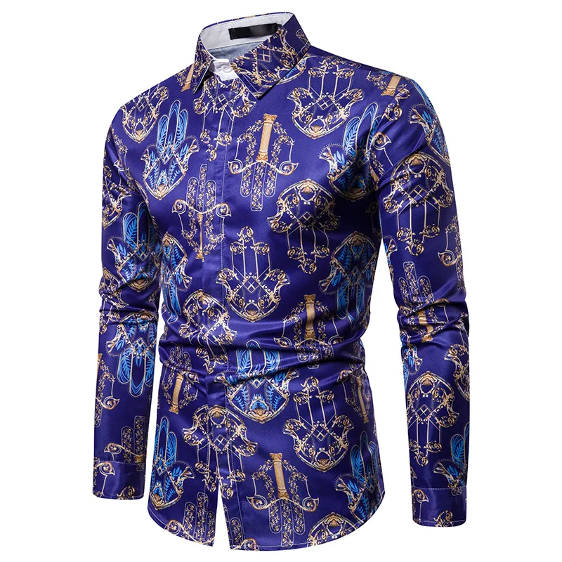 Luxury Royal Mens Shirts Casual Slim Fit Cross Gemstone Printed Long Sleeve Slim Fit Chemise Homme Men Prom Party Tuxedo Shirt