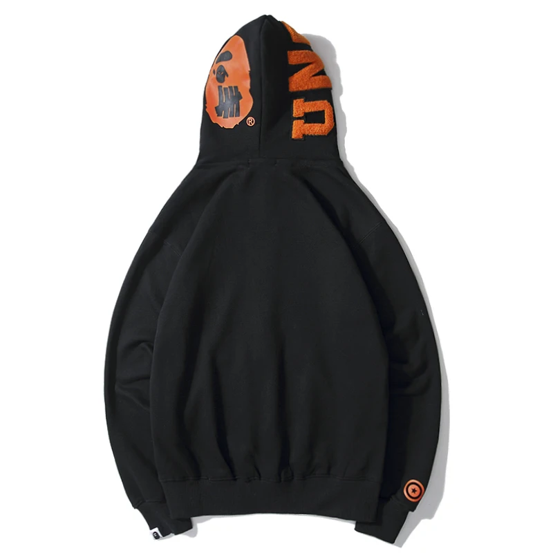 

Camouflage Double Hat Shark Embroidered Zipper Plus Fleece Jacket Green & Orange M~XXL