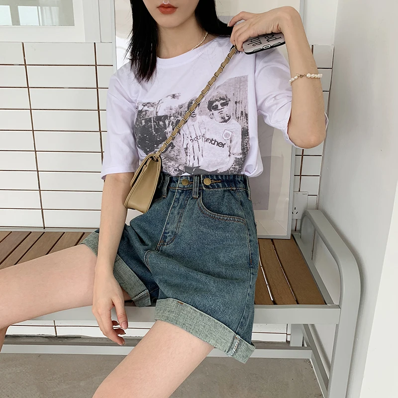 

Denim shorts women's high waist loose 2020 new wide leg Korean five-point pants