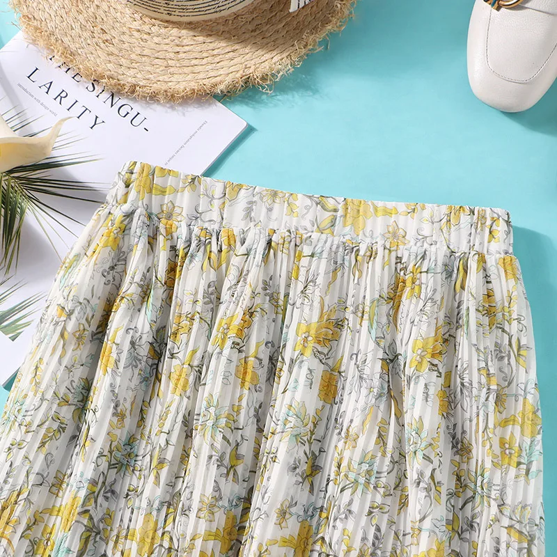 

Summer New Elegant Chiffon Women Print Skirt Sweet High Waist A-Line Female Dress Casual Office Lady Street Wear Skinny Pleated