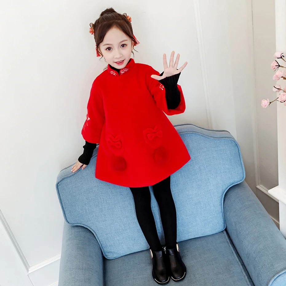 Пальто для девочек красное шерстяное пальто детская верхняя одежда с цветочной