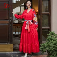 runway indie folk peacock embroidery red christmas dress womens v neck lantern sleeve high waist bow scarf cotton long dresses