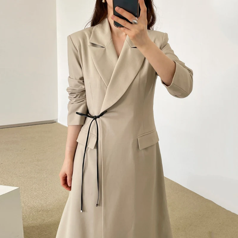 

Pinkou Women Elegant Solid Long Blazer Coat Notched Collar Long Sleeve Bow Tie Sashes Jacket Office Wear Chic Long Tops CA57