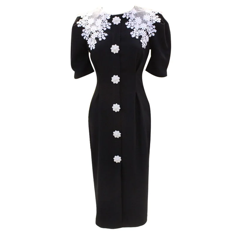 

O-neck Slim Dress Plus Size(S-2XL) High Street Club Dress Black Retro Puff Sleeve Mid Dresses Women Summer Fashion Lace