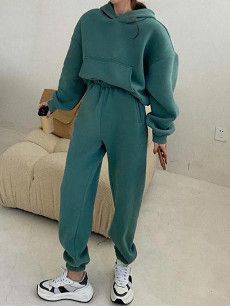

New Women Suits Sportwear Fashion Hooded Pullover Top And Pocket Pants Outfits Casual Solid Long Sleeve Sweatshirt Set Tracksuit