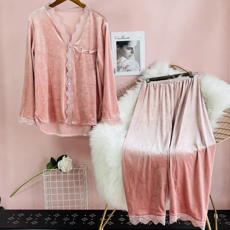 

Pink V-neck Pajamas Set Women Velour 2PCS Sleepwear Lace Trim Shirt&Pants Autumn New Sleep Set Velvet Pijamas Suit Home Clothes