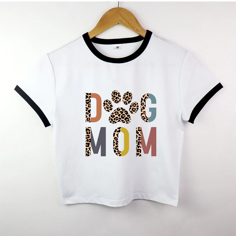 

New Dog MOM Women's Crop Top Summer Fashion Short-sleeved Dog Paw Print Female T-shirt Cute Pattern T shirt Harajuku Street Tees