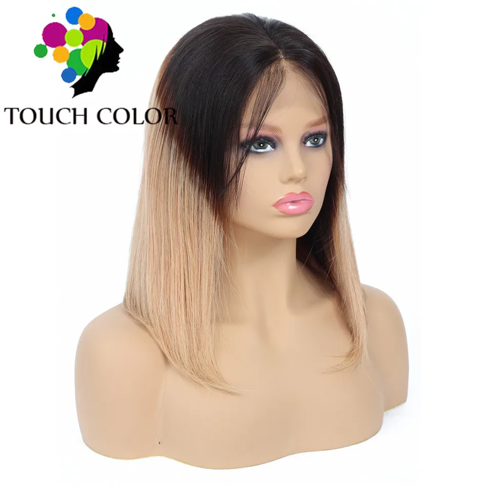 Touch 13*4 Омбре человеческие волосы на кружеве Боб Парики 1B розовый серый 613 блонд бразильские прямые короткие парики боб для черных женщин Remy - Цвет: 1B-27