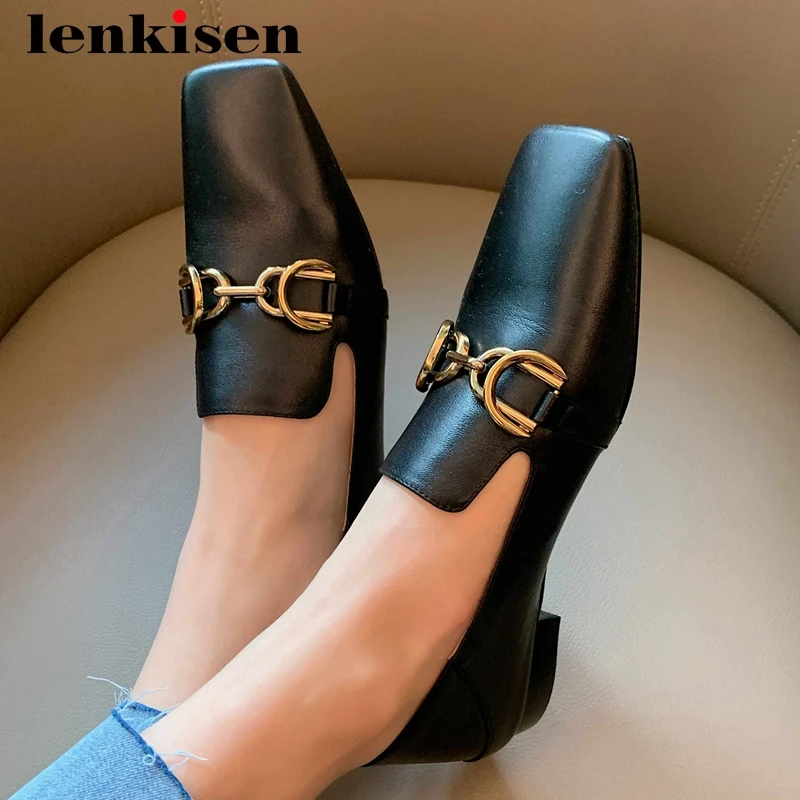 

Lenkisen 2021 spring new shoes full grain leather leisure metal decorations square toe low heel slip on fashion women pumps L60