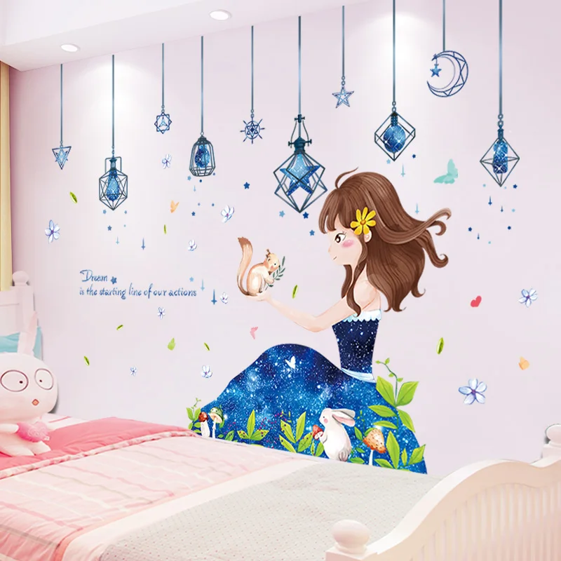 

[shijuekongjian] Chandeliers Lights Wall Stickers DIY Cartoon Girl Mural Decals for Living Room Kids Bedroom Home Decoration
