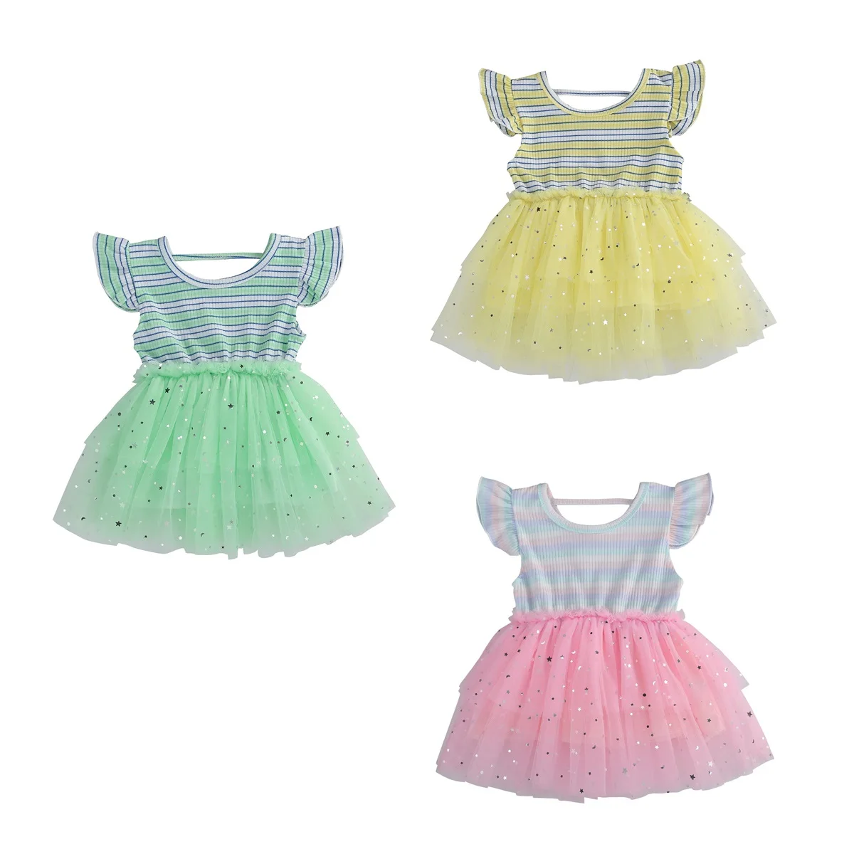 

Детское платье принцессы для девочек летнее праздничное платье-пачка из тюля с оборками и короткими рукавами в радужную полоску с принтом звезды