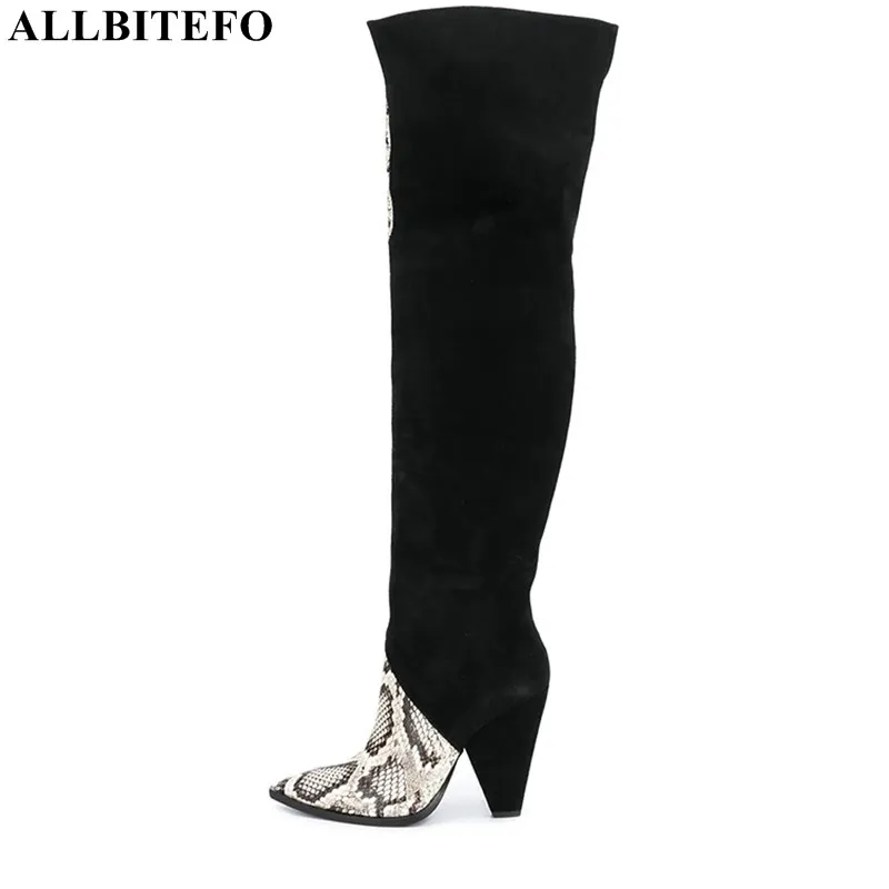 

ALLBITEFO size 34-43 flock + genuine leather women boots winter high heels shoes fashion knee high long boots sexy riding boots