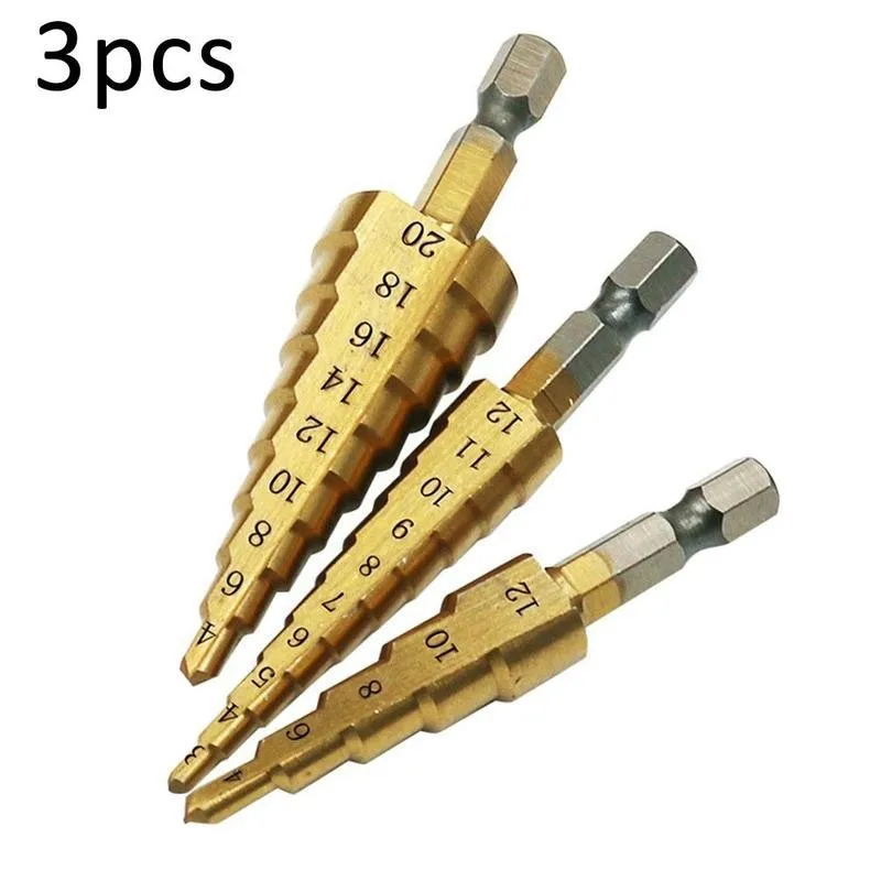 

3pcs/set HSS Step Drill Bit Set Hex Shank Cone Drill Titanium Bit Cone Hole Cutter Metal Countersink Drill Bits 3-4/12/20mm