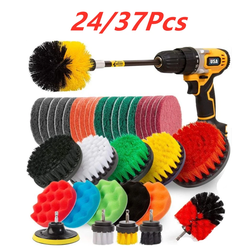 24/37 Pcs/Set  Drill Brush Kit  Power Scrubber for Cleaning Bathroom Bathtub Cleaning Brush Scrub Floor Wall Pool Cleaning Kit