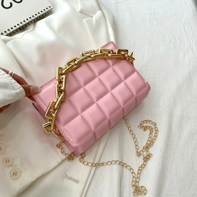 

Fashion Solid Color Checkered Women's Handbag Thick Chain Woven Bag Women's Messenger Small Square Bag Portable Shoulder Bag