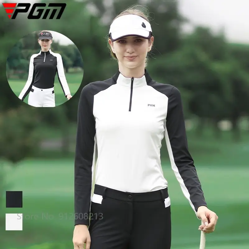

Pgm Women Slim Fit Golf Tops Elastic Patchwork Golf Shirts Ladies Casual T-shirt Zipper Collar Polo Shirt Long-sleeved Apparel