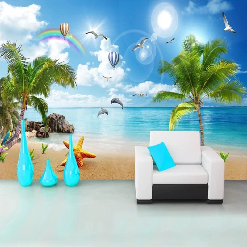 

Custom Wallpaper Romantic Dolphin Bay Coconut Tree Wall Mural Landscape Painting Sea View 3d Wallpapers Home Decoration