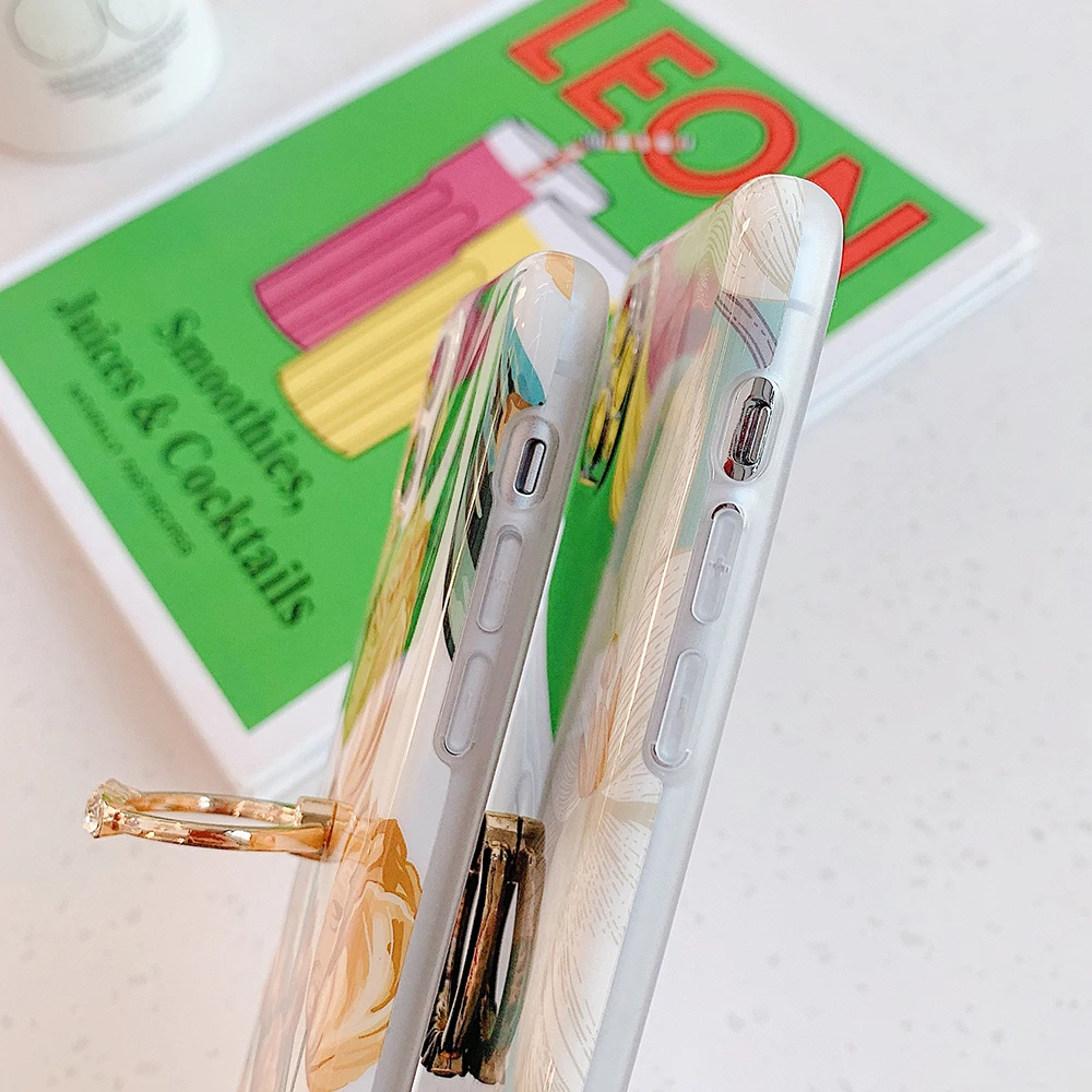 Чехол-подставка для телефона в стиле ретро с акварельным цветком и кольцом iPhone 12