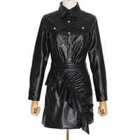 seebeautiful pu leather loose lapel long sleeve coat patch ruffles skirt two pieces new fashion 2022 autumn winter women t797