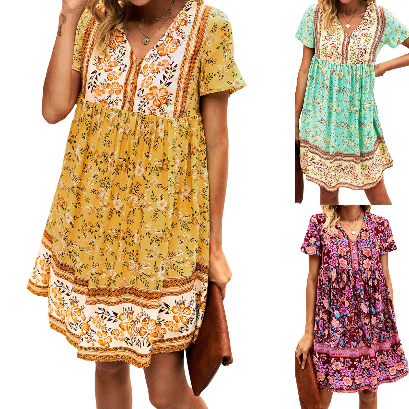 

Женское винтажное платье с запахом, V-образным вырезом, пляжные платья-миди в стиле бохо, платье-рубашка с цветочным принтом, повседневные св...