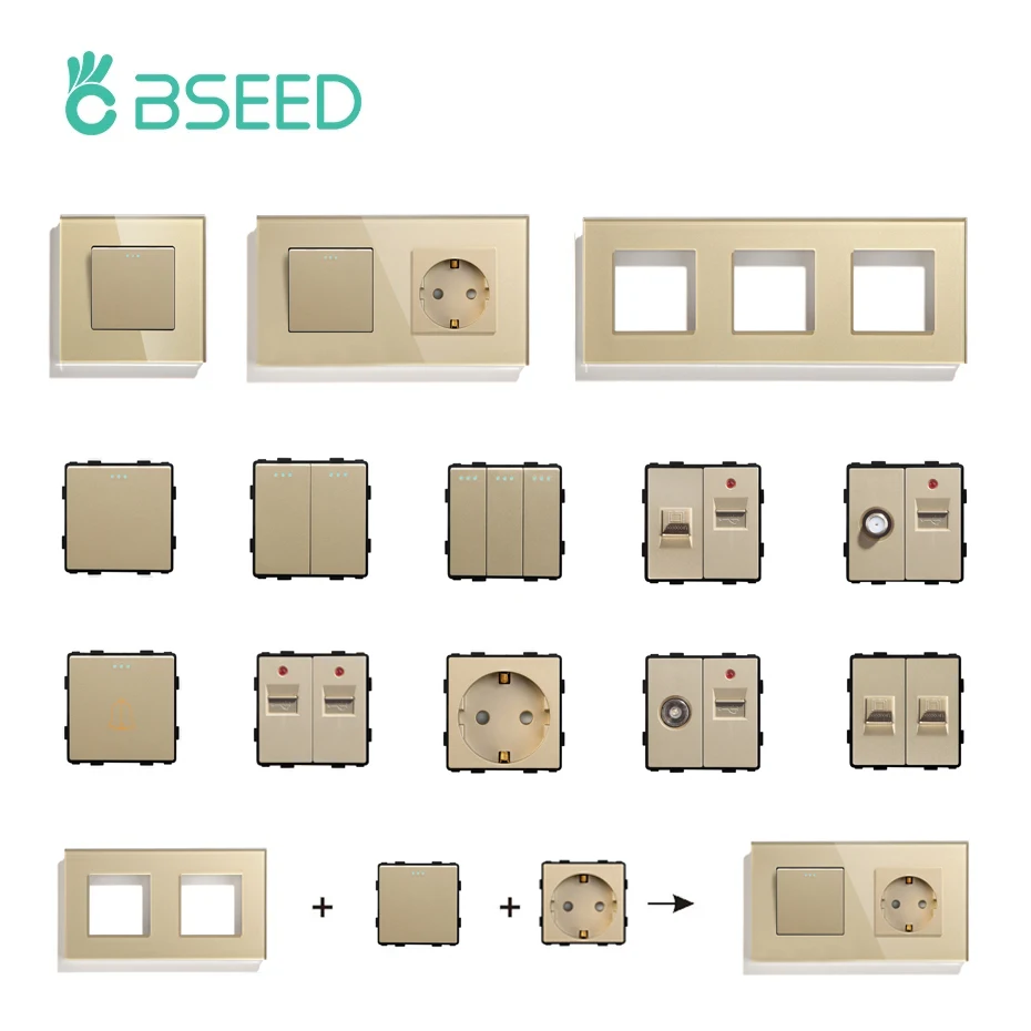 Настенные выключатели BSEED золотистые стеклянные рамки USB-розетки