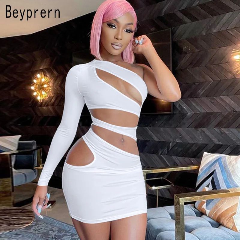 

Beyprern Womens One Shoulder Hollow Out Irregular Mini Dress Autumn Sexy White Dress Club Outfits Midnight Wear Going Out Robes