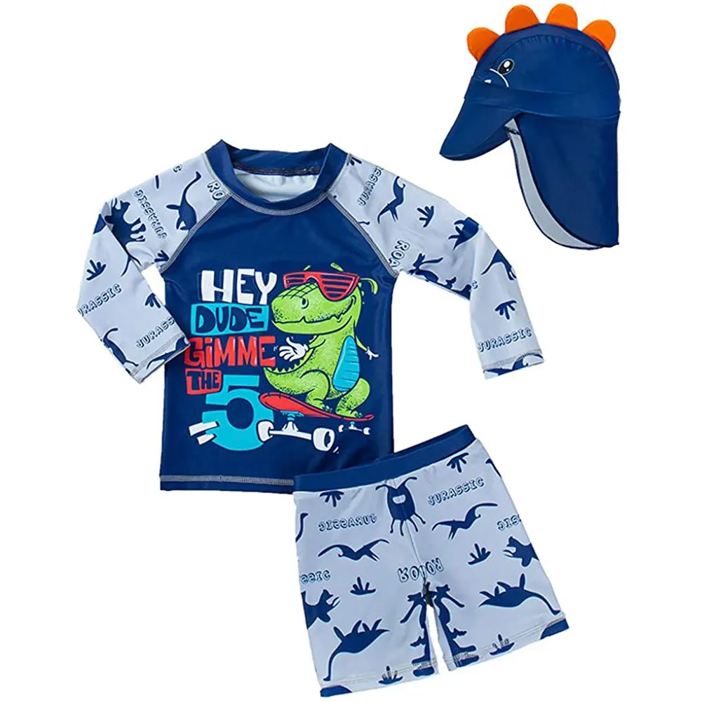

Baby Swimwear Sunscreen Quick-Drying Light Boy Dinosaur Printed Short-Sleeved Swimsuit+Swimming Trunks+Swimming Cap Leisure Suit