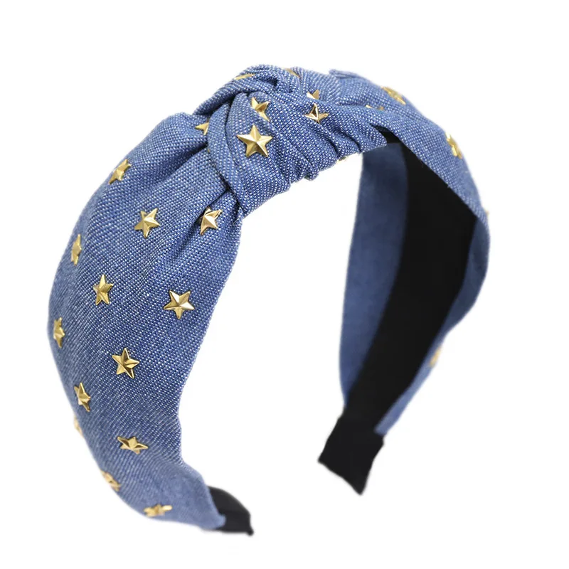 

Vintage Stars Jewel Rhinestone Denim Hairband For Women Knot Turban Headband Girls Hair Accessories Bandeau Cheveux Opaska Do
