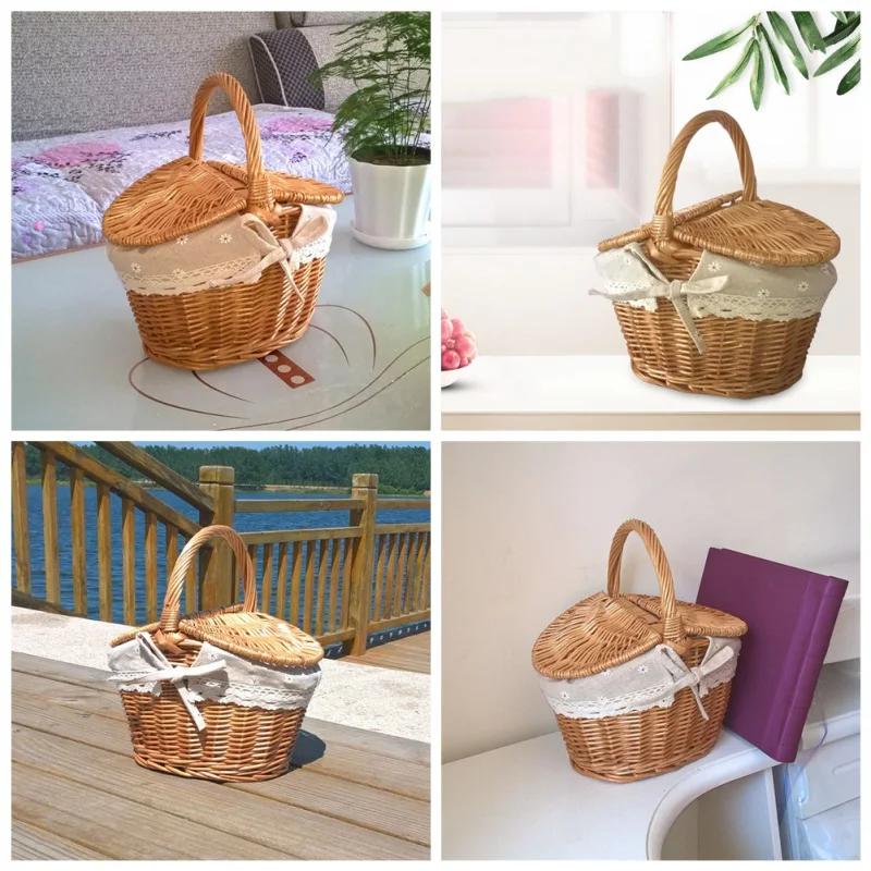 

Handmade Woven Rattan Basket With Handle And Double Lids Camping Picnic Food Storage Container Organizer