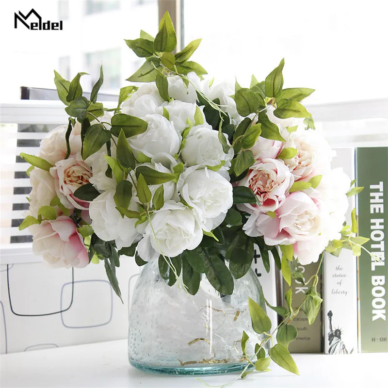 Meldel 10 Heads Artificial Flowers Roses Bouquet Silk Fake Flower with Leaves for DIY Home Garden Wedding Decor Pink White Flore | Дом и сад