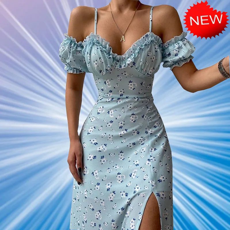 

Платье-миди Облегающее с цветочным принтом, на бретельках, с разрезом