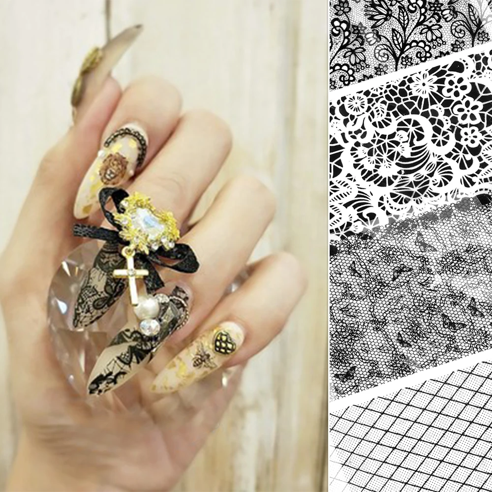16 шт./партия пленка для ногтей наклейки черно-белые кружевные цветы Дизайн