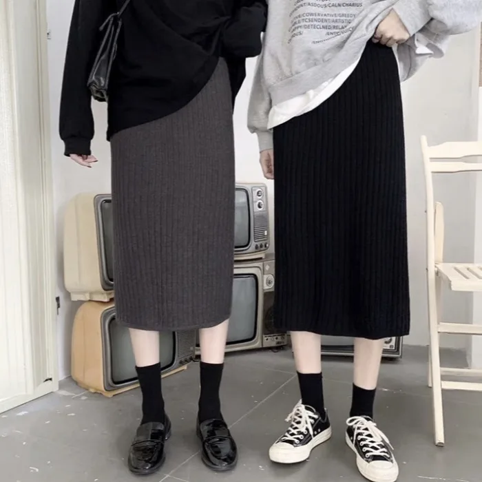 2020 однотонная повседневная юбка миди женская зимняя теплая вязаная прямая с