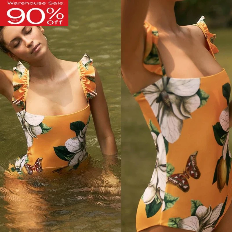 Оранжевый цветочный принт сексуальный купальник Цельный для женщин тонкий с