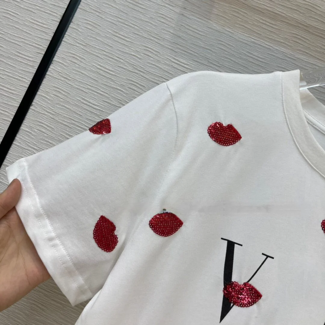 

Fashion Red Lip Sequins T-shirt for Women 2021 Spring Holiday Short Sleeve Sweet Tops Casual Cotton O-neck Commute T-shirt Tees