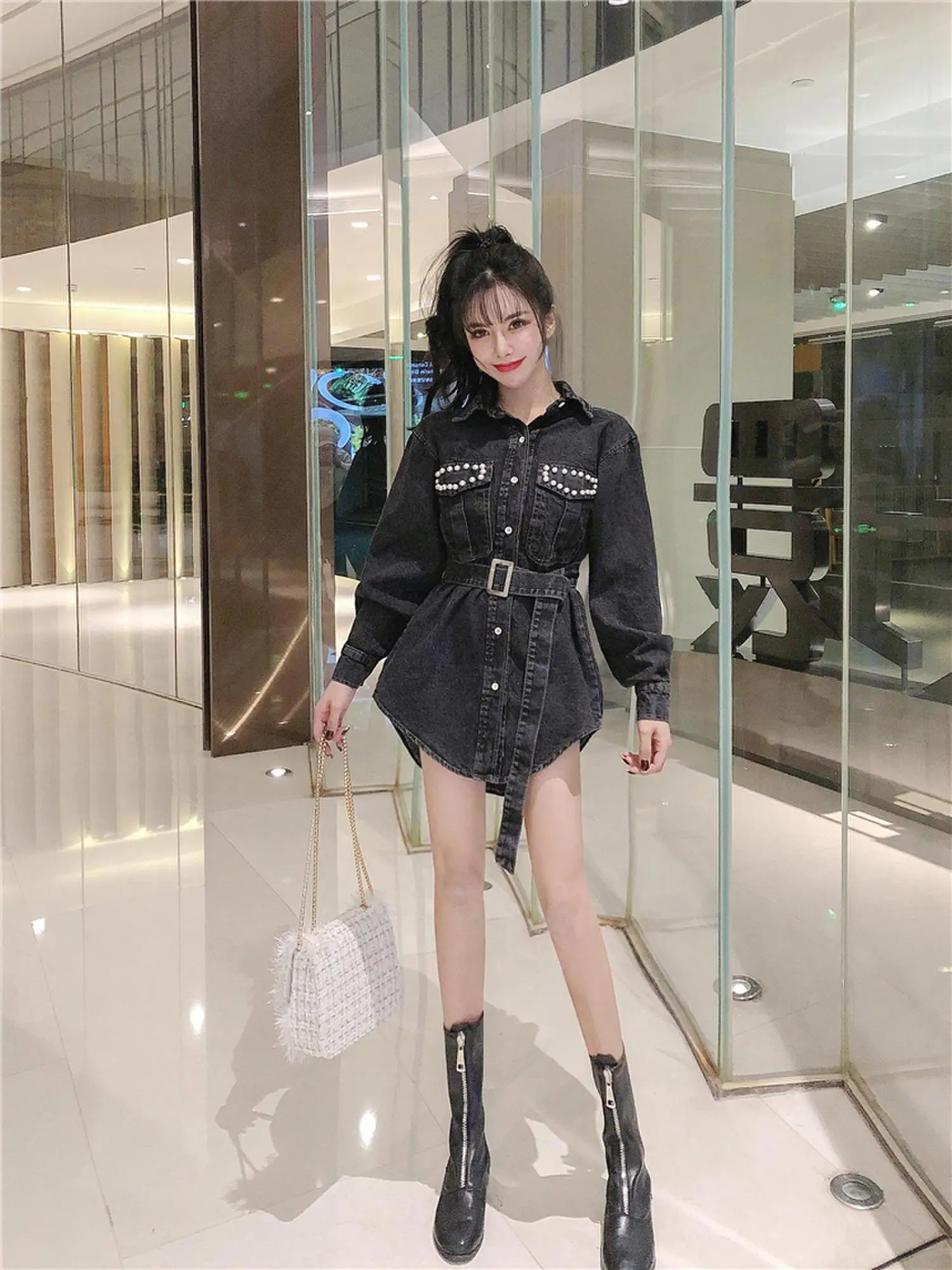 Fall winter Korean style lapel waist tie mid-length beaded denim jacket